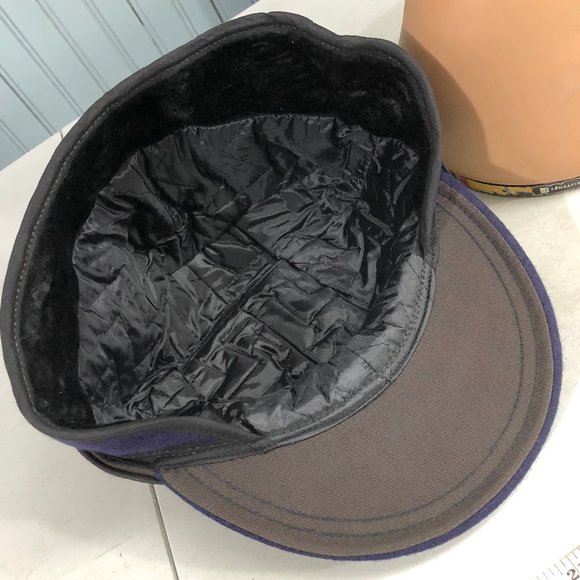 Wool Navy Blue VTG Railroad Langenberg Winter Made USA Ear Flaps Hat 7 7/8 - Picture 7 of 10